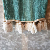 Soft Baby Blue Woven Cotton Throw with Natural Tassels and Wooden Beads | 130×200cm
